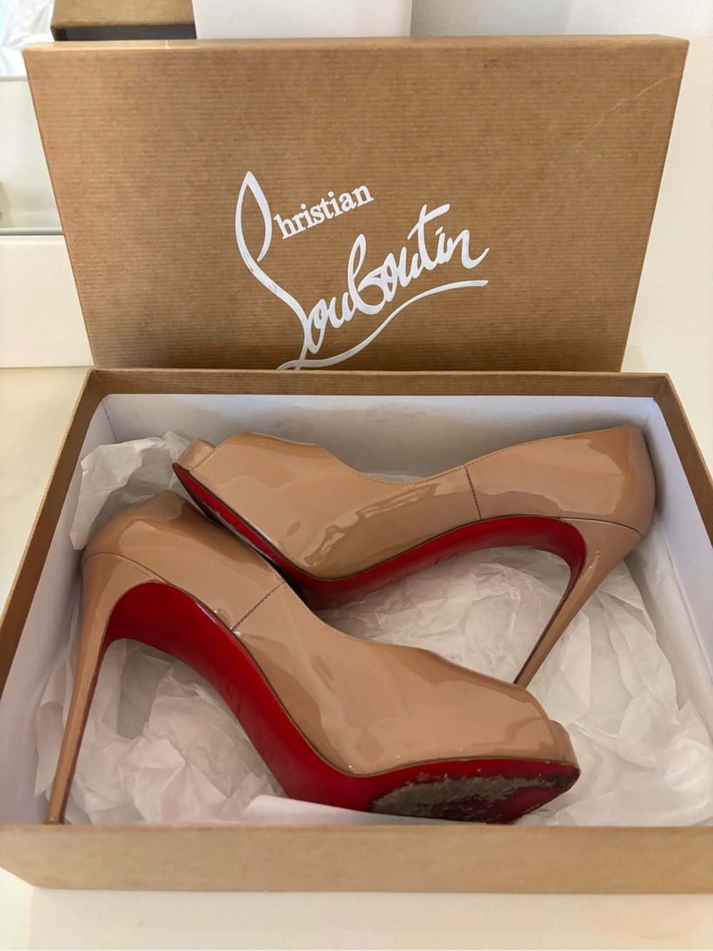 Christian Louboutin Nude Patent Peep-Toe Pumps with Red Soles - Picture 5 of 6